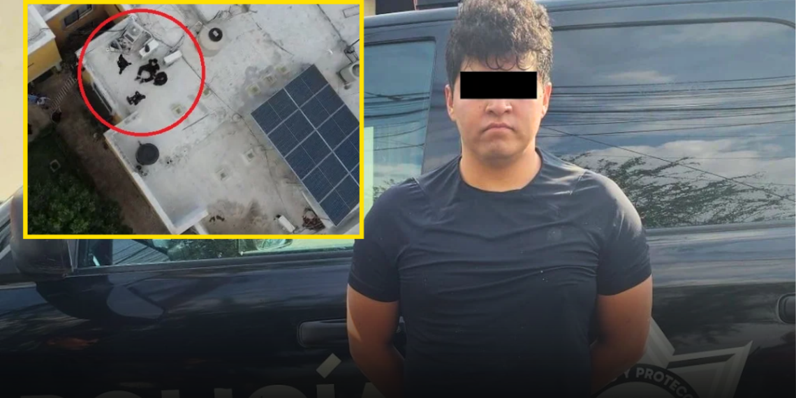 Man in a Black Shirt Stands Beside a Dark Police Van; an Inset Overhead View on the Left Shows a Rooftop with a Group of People Circled in Red Near Equipment and a Solar Panel. - Adelante Mty