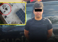 Man in a Black Shirt Stands Beside a Dark Police Van; an Inset Overhead View on the Left Shows a Rooftop with a Group of People Circled in Red Near Equipment and a Solar Panel. - Adelante Mty