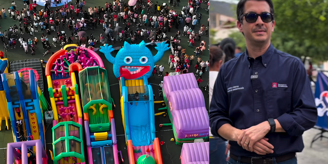 Aerial View of a Crowded Outdoor Festival with Bright Inflatable Slides; a Man Wearing Sunglasses Stands on the Right Side with Folded Arms in a Dark Shirt. - Adelante Mty