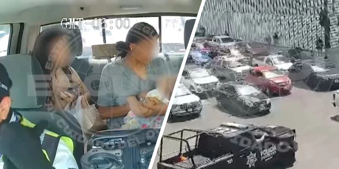Inside a Patrol Car with Two Passengers and a Police Officer; on the Right, a Busy City Street with Police Vehicles Nearby. - Adelante Mty