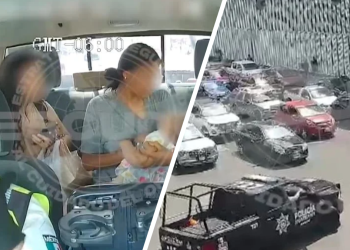 Inside a Patrol Car with Two Passengers and a Police Officer; on the Right, a Busy City Street with Police Vehicles Nearby. - Adelante Mty