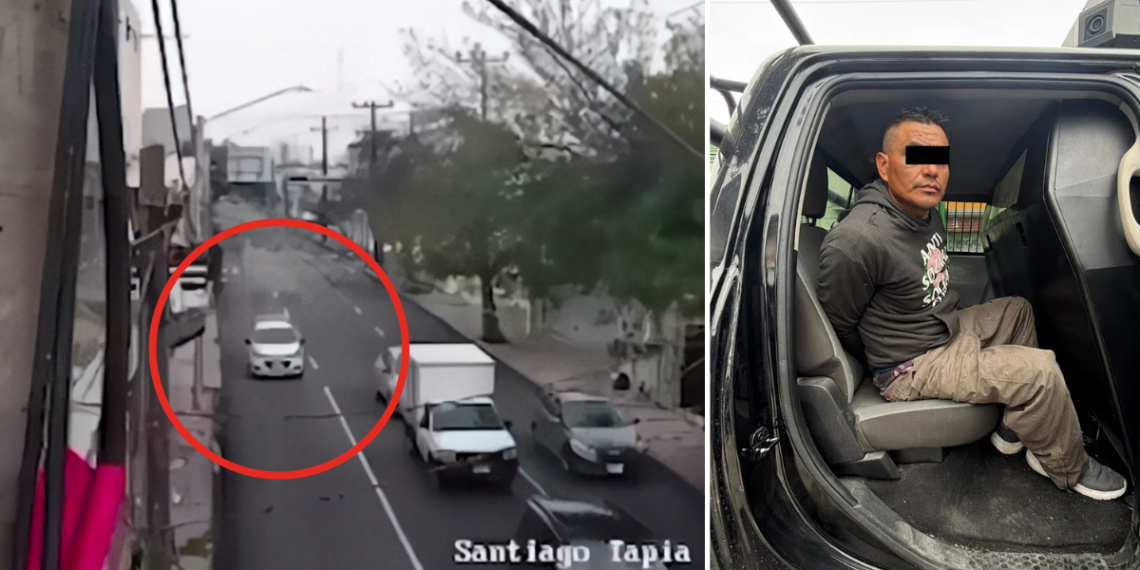 Two-panel Image: Left Shows a White Car in Traffic on a City Street Circled in Red; Right Shows a Man Seated in a Vehicle with His Eyes Blacked Out. - Adelante Mty