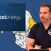 Speaker in a Black Polo with an Avengers Logo Presents Nextenergy Branding over a Blue Map Backdrop. - Adelante Mty