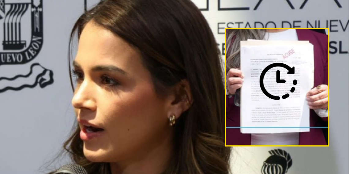 Woman Speaking into a Microphone at a Press Conference; Inset Shows a Person Holding Papers with a Clock Icon. - Adelante Mty