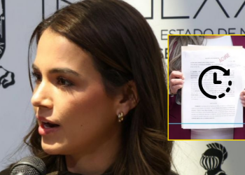Woman Speaking into a Microphone at a Press Conference; Inset Shows a Person Holding Papers with a Clock Icon. - Adelante Mty