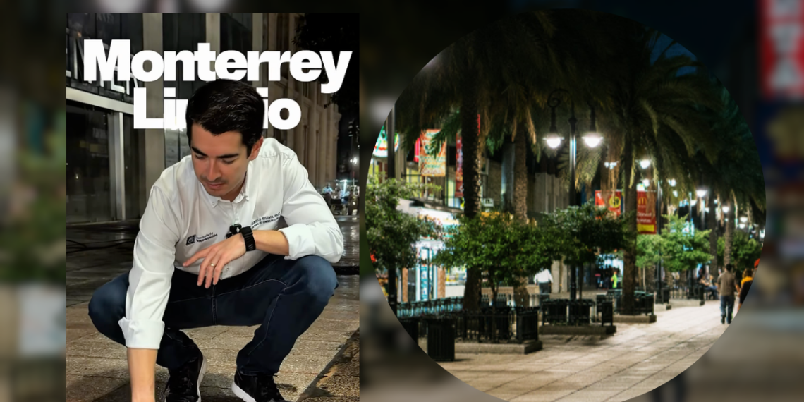 Left: Man Crouching on a City Street at Night in a White Shirt; the Word Monterrey is Visible. Right: Circular Night Scene of a Palm-lined, Well-lit Pedestrian Street. - Adelante Mty