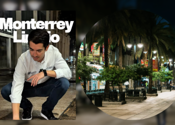 Left: Man Crouching on a City Street at Night in a White Shirt; the Word Monterrey is Visible. Right: Circular Night Scene of a Palm-lined, Well-lit Pedestrian Street. - Adelante Mty