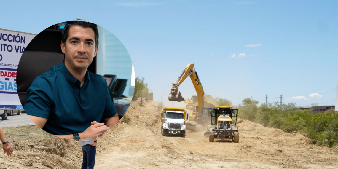 Construction Site with an Excavator Loading Dirt into a Truck; Circular Inset Shows a Man in a Blue Polo Shirt. - Adelante Mty