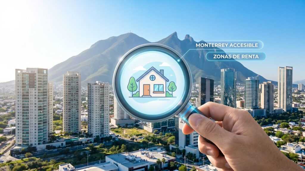 Hand Holding a Magnifying Glass over a City Skyline, Revealing a Cartoon House Inside the Lens; Overlay Text Reads Monterrey Accessible and Zonas De Renta, Indicating Rental Housing Search. - Adelante Mty