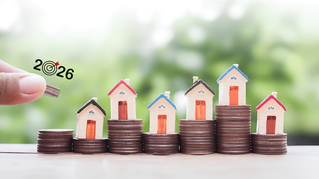 Hand Inserting a Coin Beside Stacked Coins Topped with Tiny Houses, Illustrating Real Estate Investment or Housing Growth Toward 2026. - Adelante Mty