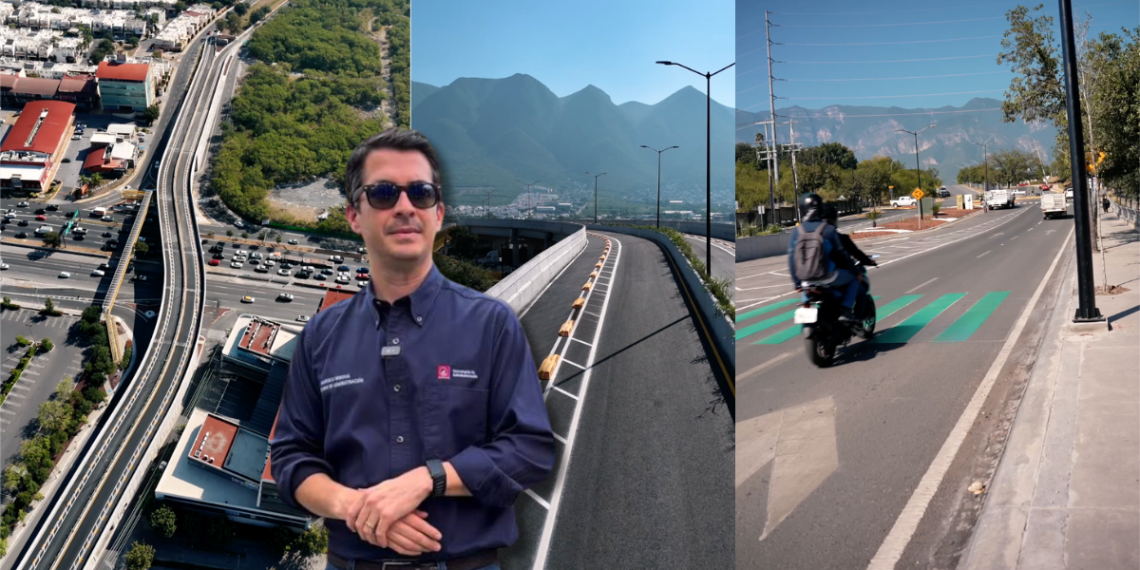 Marcelo Segovia Huajuco - Adelante Mty Three-panel Collage: Left Aerial Highway, Center Curved Road Toward Mountains with a Man in Sunglasses, Right Street with a Motorcyclist in a Bike Lane. - Adelante Mty