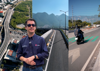 Three-panel Collage: Left Aerial Highway, Center Curved Road Toward Mountains with a Man in Sunglasses, Right Street with a Motorcyclist in a Bike Lane. - Adelante Mty