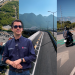 Three-panel Collage: Left Aerial Highway, Center Curved Road Toward Mountains with a Man in Sunglasses, Right Street with a Motorcyclist in a Bike Lane. - Adelante Mty