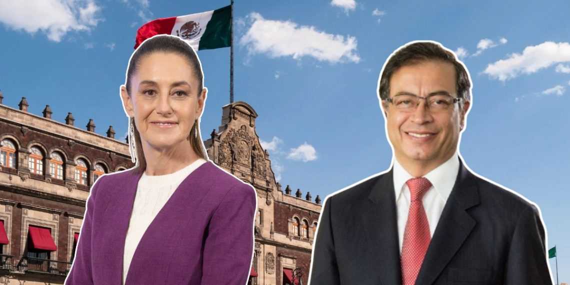 Two Cutout Figures, a Woman in a Purple Blazer and a Man in a Suit, Stand Before a Historic Building with the Mexican Flag in the Background. - Adelante Mty