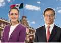Two Cutout Figures, a Woman in a Purple Blazer and a Man in a Suit, Stand Before a Historic Building with the Mexican Flag in the Background. - Adelante Mty