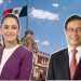 Two Cutout Figures, a Woman in a Purple Blazer and a Man in a Suit, Stand Before a Historic Building with the Mexican Flag in the Background. - Adelante Mty