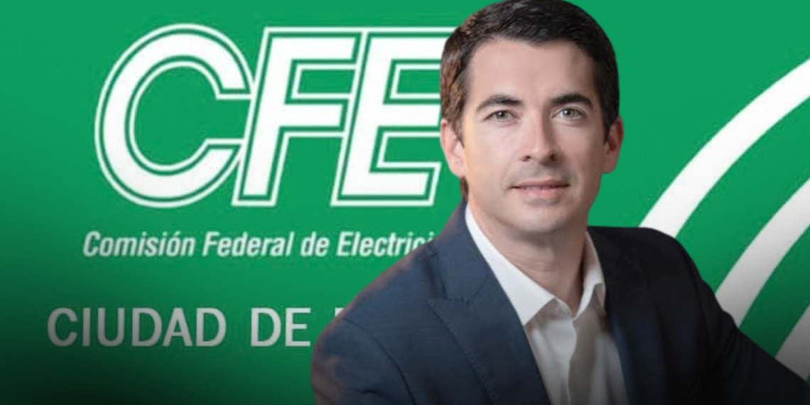 Man in a Navy Suit Poses in Front of a Green Cfe Backdrop with the Comisión Federal De Electricidad Logo. - Adelante Mty